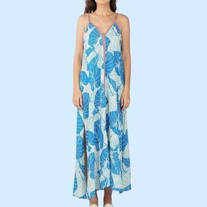 America & Beyond Blue Palm Print Embroidered Lace Detail Maxi Dress. Small. NWT!